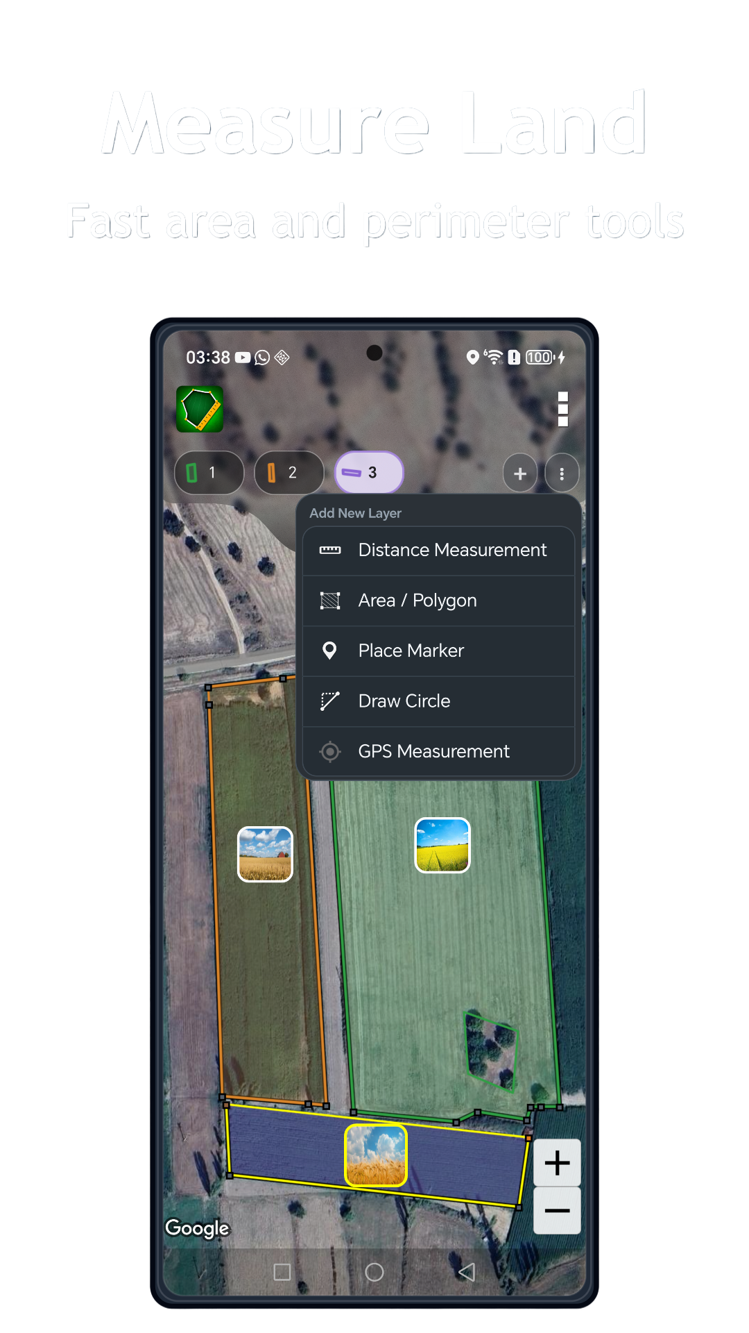 Land Ruler showing measurement tools over a satellite map