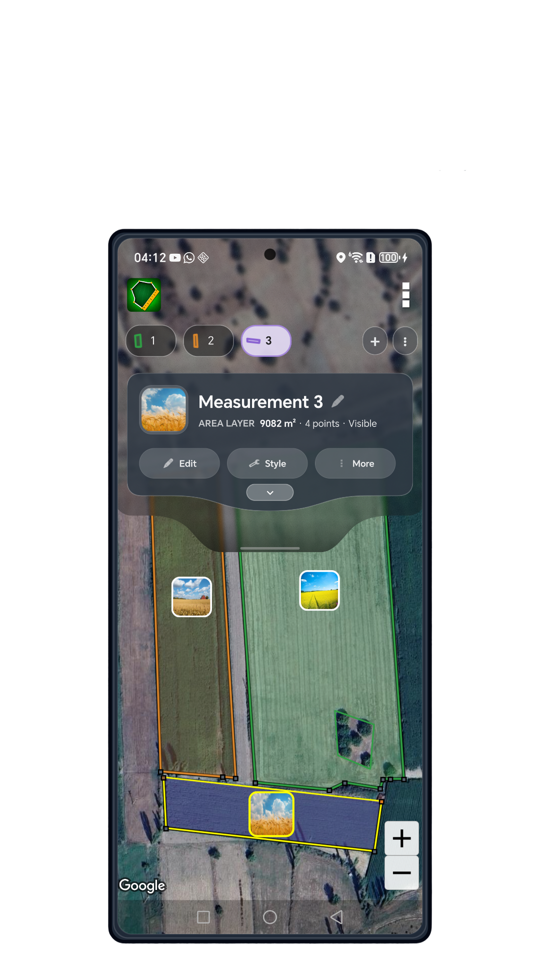 A satellite field with a Land Ruler measurement shown on a phone